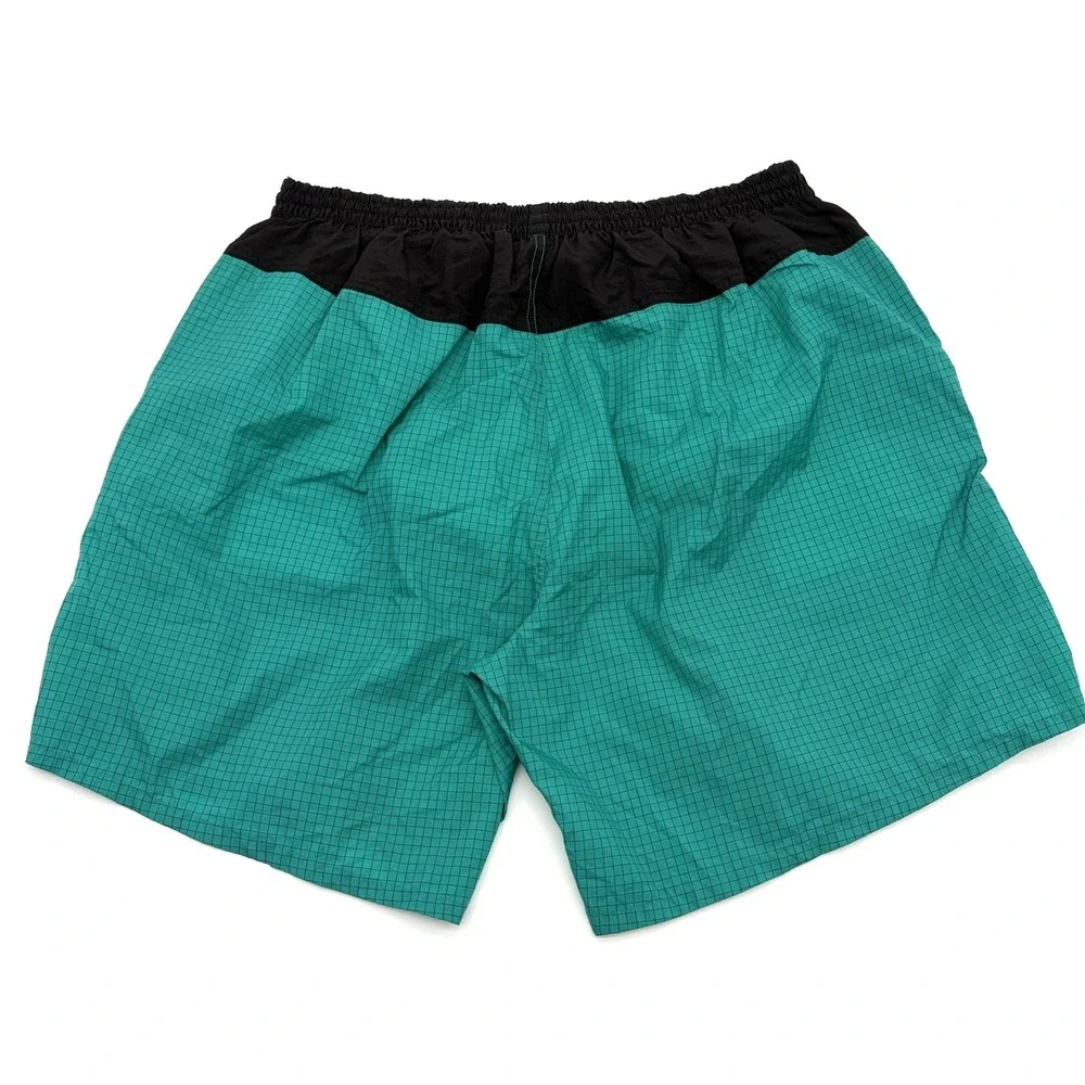 Catalina Mens size 2XL Teal/Black Plaid NYLON Swim Trunks Shorts Zip Pockets
